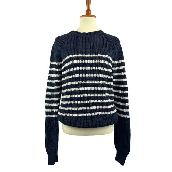 J. Crew Knit Sweater Womens M Crew Neck Cotton Navy White Striped - Picture 1 of 12